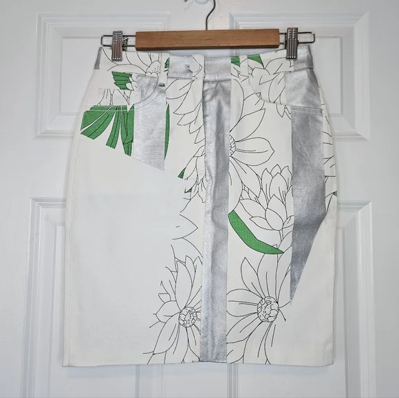 Phillip Lim Floral White Green/Silver Metallic Denim Jean Skirt NWT XS 0 - Picture 2 of 8